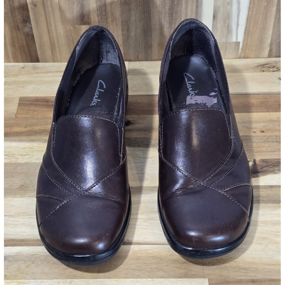 Clarks 84630 Slip On Wedge Shoes 7.5M Brown Womens Leather Comfort Loafers